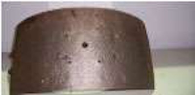 Haldex would not accept this used shoe, which earned a 4 on the company’s grading system because of the way the rivet holes were damaged.