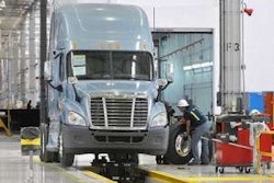 Semi truck having tire changed