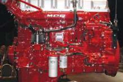 The crankcase ventilation system for Mack’s MP8 engine shows: (1) the engine outlet for crankcase gases, (2) the separator where crankcase gas is condensed, (3) the condensed oil return to the crankcase and (4) the decondensed crankcase gas that is returned for combustion.