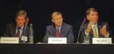 Volvo’s Ron Huibers discusses the benefits of more productive trucks to a group of fleet executives.