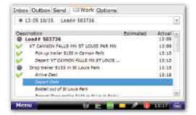 The “work” button on the in-cab touchscreen display of the TruckPC shows a driver the next assigned task. Integration with Rand McNally’s IntelliRoute navigation system will route the driver to the next location automatically.
