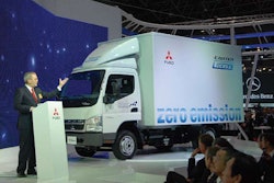 Dr. Albert Kirchmann, president and CEO of Mitsubishi Fuso Truck and Bus, discusses the company’s fuel-efficiency efforts at the Tokyo Motor Show.