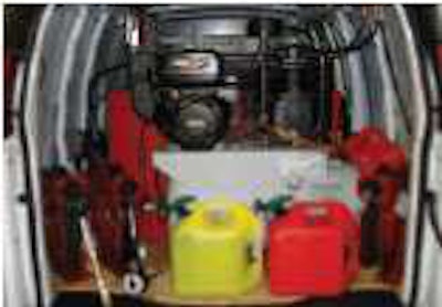 Sprinter vans used by Managed Mobile’s preventive maintenance inspection teams are equipped with hose reels and reservoirs of oil, coolant, transmission fluid and hub lubricants.