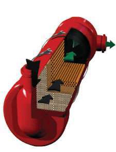 Dirty exhaust enters the DPF, and soot is trapped on the coated ceramic honeycomb material inside the filter, rendering the exhaust exiting the filter clean.