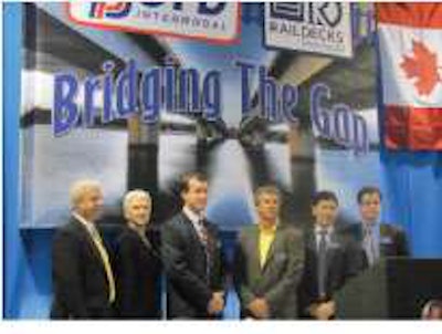 Boyd’s Richard Bailey, Gail Cooper, Chris Cooper and Steve Colley join Raildecks’ Rick Jocson and Murray Crane at a press event to launch the intermodal flatbed.