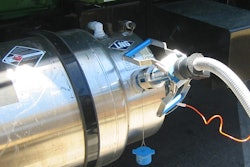 Liquid natural gas being pumped into an LNG tank.