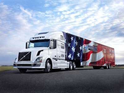 The specially wrapped Volvo tractor and matching trailer used by the 2013-2014 America’s Road Team. Volvo will unveil the 2015-2016 tractor later this week.