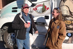 Sen. Ben Nighthorse Campbell, official driver of the Mack Pinnacle bound for the U.S. Capitol, shares his experiences as a truck driver with Kandy Kilbreth, a U.S. Forest Service Job Corps student.