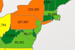 A map from truck history report site RigDig showing how many trucks are owned in the states affected by Hurricane Sandy.