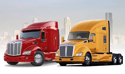 The Pete 579, left, and the Kenworth T680, right, were both introduced in 2012 by Paccar.