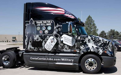 Crete’s Patriot Fleet is made up of several International ProStar tractors wrapped with military-themed graphics.