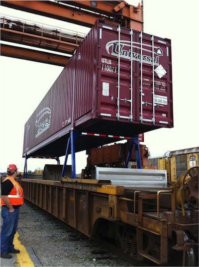 Worker watching shipping container being loaded