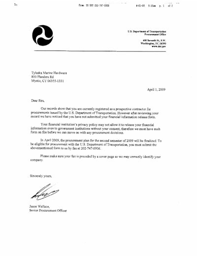 An example from the DOT’s Office of Inspector General of a fraudulent letter requesting banking information.