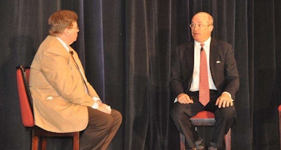 Avery Vise, director of research for Randall-Reilly (left), talks economic outlook for trucking with AVondale Partners’ Don Broughton.