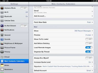 iPad Mail, Contacts, Calendars section in Settings