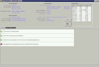 The Driver Feasibility feature in McLeod Software’s LoadMaster TMS platform displays scheduling conflicts for potential driver-load assignments.