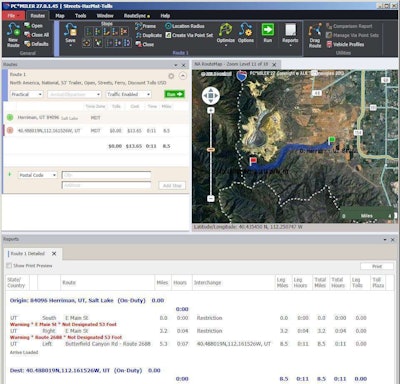 ALK’s PC Miler, version 27, warns the route is not safe for a 53-foot trailer