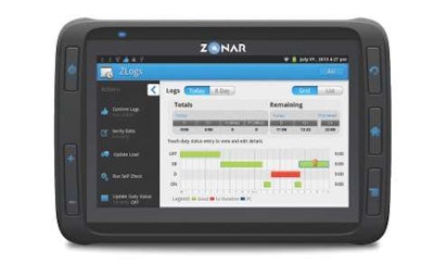 Detroit Connect’s new onboard tablet runs Google’s Android operating system and comes preloaded with four trucking-specific apps, including one that helps drivers track hours of service.