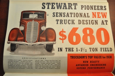 “Truckdom’s Top Value for 1938″ was — at least in Stewart’s eyes — this 1-1/2 ton model for $680. Stewart was a small player in the light truck market with a good reputation for quality products. A bit of their history can be found here.