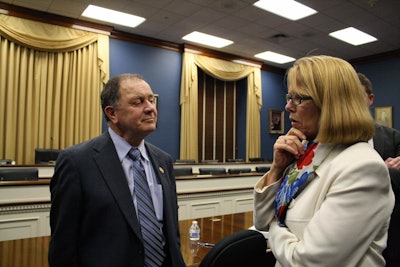 Rep. Richard Hanna talks with FMCSA Administrator Anne Ferro after a House hearing on the impacts of the hours-of-service rule on small businesses.