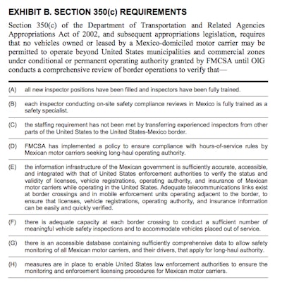 Congress in 2002 mandated a safety ‘checklist’ as part of the NAFTA cross-border trucking program with Mexico.