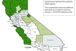 Counties shaded green or counties cross-hatched are “NOx-exempt” counties, in which trucks may be able to run in 2014 without having to retrofit their trucks with DPFs.
