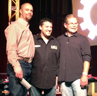 Jason Swann (left) was named Rush Rodeo Overall Grand Champion. He is pictured with NASCAR driver Tony Stewart and Rush CEO Rusty Rush.