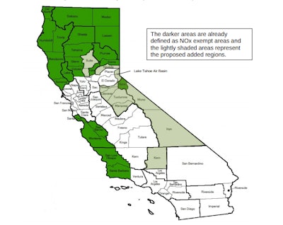 The areas highlighted in green represent NOx exempt counties and proposed NOx exempt counties where trucks could run compliantly until Jan. 1, 2015, with pre-2006 model trucks, if proposed changes to CARB’s emissions regs are finalized later this year.