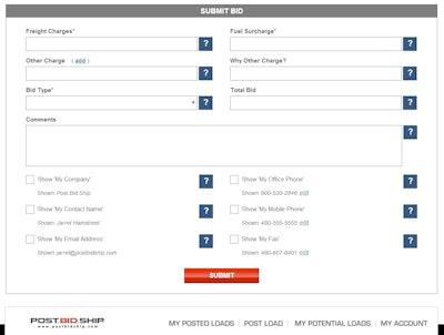 Click to enlarge. Post.Bid.Ship has a simple process for carriers to submit bids on loads. Once bids are accepted, the website facilitates exchange of contact information.