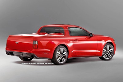 2016 Mustang “ute” could be finding it’s way north if April 1 rumors are true. Illustration by Theo Chin/Chris Doane Automotive