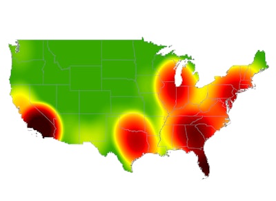 Map from FreightWatch International, pointing to the hot zones for cargo theft in the first quarter of the year.