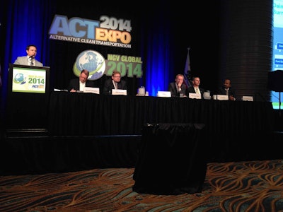DTNA’s T.J. Reed outlines some of the challenges and opportunities facing OEMs in the natural gas market at the 2014 ACTExpo in Long Beach, Calif.