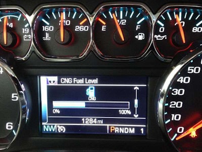 GM uses a bar graph and percentage readout to provide CNG fuel tank data.