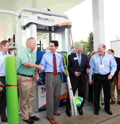 Wisconsin Governor Scott Walker (third from left) was on hand to celebrate the opening of the EVO Trillium CNG facility in Oak Creek, Wis.