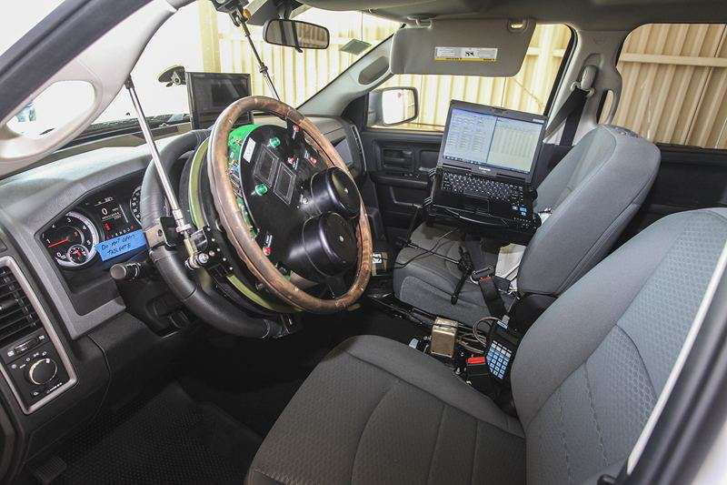 The Pro Comp Ram was fitted with an elaborate array of sensors and test equipment to monitor all aspects of the vehicles movement and dynamics including a robotically operated steering wheel to assure precise and accurate tests.