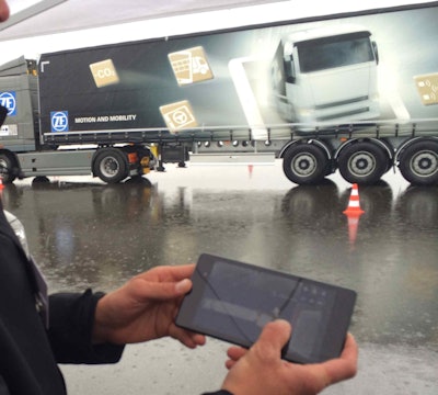 ZF’s new Smart Truck Maneuvering System allows drivers to get out of the truck and “drive” it with a tablet computer. The system is designed for tight or potentially hazardous situations.