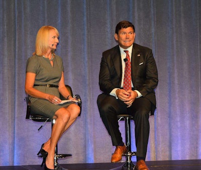 Fox News anchor Bret Baier taking questions from the CVOC audience and Q&A moderator Linda Longton, the vice president of editorial for CCJ publisher Randall-Reilly.