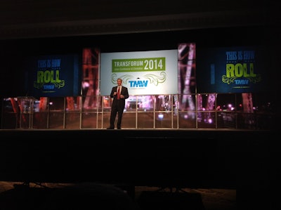 CLICK to view a photo gallery of TransForum. David Wangler, CEO of TMW Systems, talked about the many charitable contributions made by trucking companies.