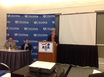 Karen Rasmussen, president and CEO of HELP, Inc., speaks during a press conference at the ATA convention in San Diego