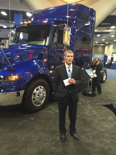 Navistar’s Jodi Presswood says the new fuel-efficiency spec for the International ProStar includes the SmartAdvantage 10-speed Eaton Fuller Advantage automated manual transmission paired with the Cummins ISX15 engine with SmartTorque2 ratings.