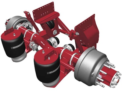 Hendrickson’s Optimaax is designed to lift the forward tandem axle automatically when loads are light and shift the unsprung weight to the rear drive axle without overloading it.
