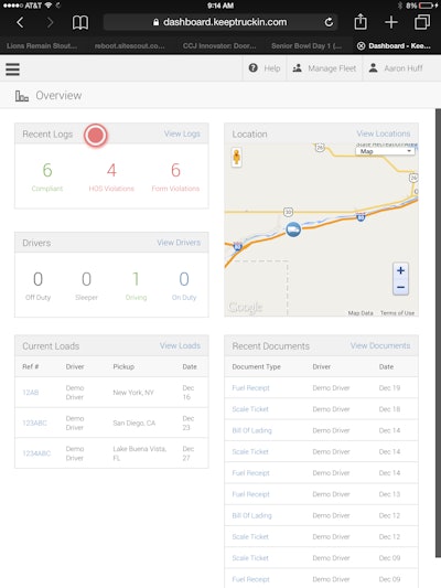 The Keeptruckin application has a fleet management dashboard to track driver log status and violations.