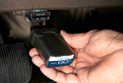 CLICK on photo to see a collection of low-cost telematics options for ELDs. This photo shows the Geotab GO7 device which quickly installs into the vehicle’s diagnostics port.