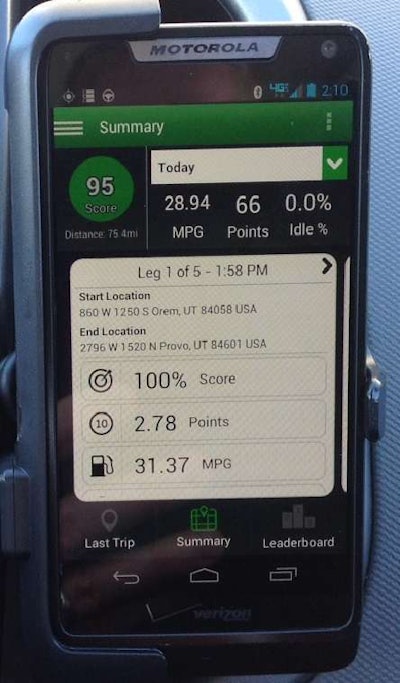 The PedalCoach app shows drivers a fuel efficiency score at the end of every trip.
