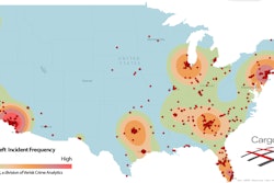CargoNet’s heat map of cargo theft activity from 2014. Each dot represents a theft.