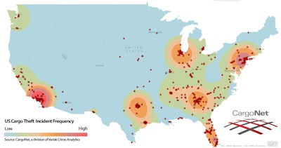 CargoNet’s heat map of cargo theft activity from 2014. Each dot represents a theft.