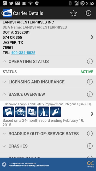 How carrier snapshots appear via search in the QC app.