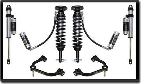 ICON 2015 Ford F-150 leveling kit has custom-tuned shocks with remote reservoirs.