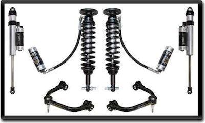 ICON 2015 Ford F-150 leveling kit has custom-tuned shocks with remote reservoirs.