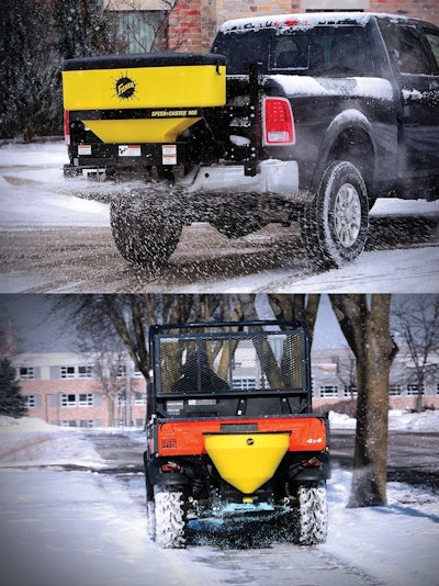 FISHER SPEED-CASTER 900 tailgate spreader (top) and QUICK-CASTER 300W wireless electric tailgate spreader.
